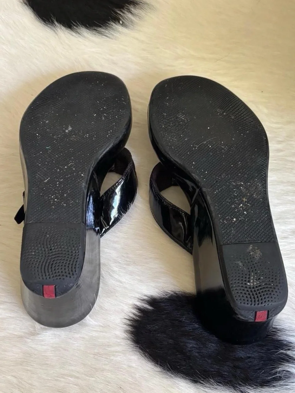 Vintage Prada Sport Black Wedge Thong Sandals with Buckle Detail
